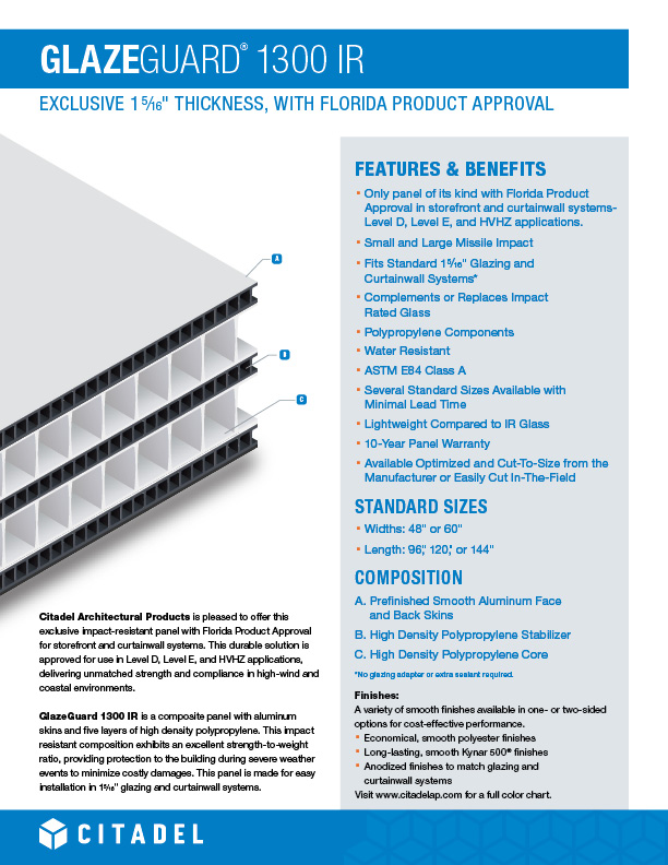 Product flyer for GlazeGuard 1300 IR glazing panel by Citadel, listing features, benefits, standard sizes, and a brief company description, with blue highlights and a photo of the aluminum panel’s cross-section.
