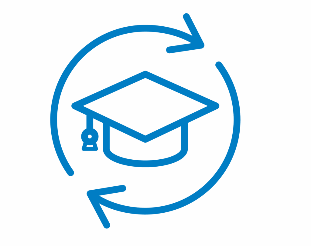 A blue outline of a graduation cap in the center, surrounded by two curved arrows forming a circle, symbolizing continuous learning or lifelong education.