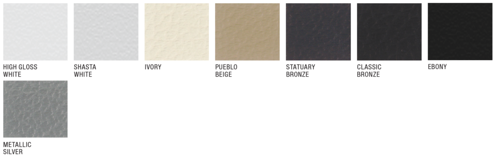 A color swatch chart featuring eight rectangular samples labeled: High Gloss White, Shasta White, Ivory, Pueblo Beige, Statuary Bronze, Classic Bronze, Ebony, and Metallic Silver.