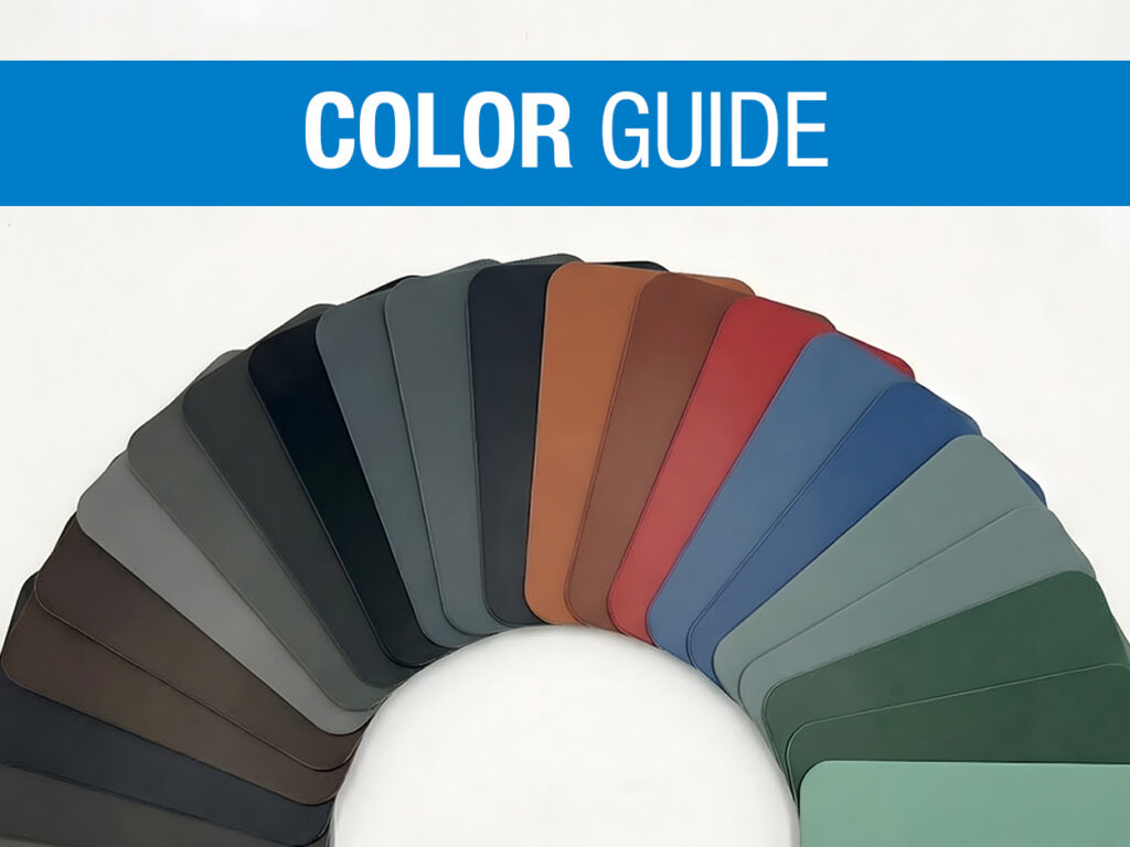 A semi-circle of color swatches in various shades with a bold blue banner at the top reading “COLOR GUIDE” in white text. The background is plain white.