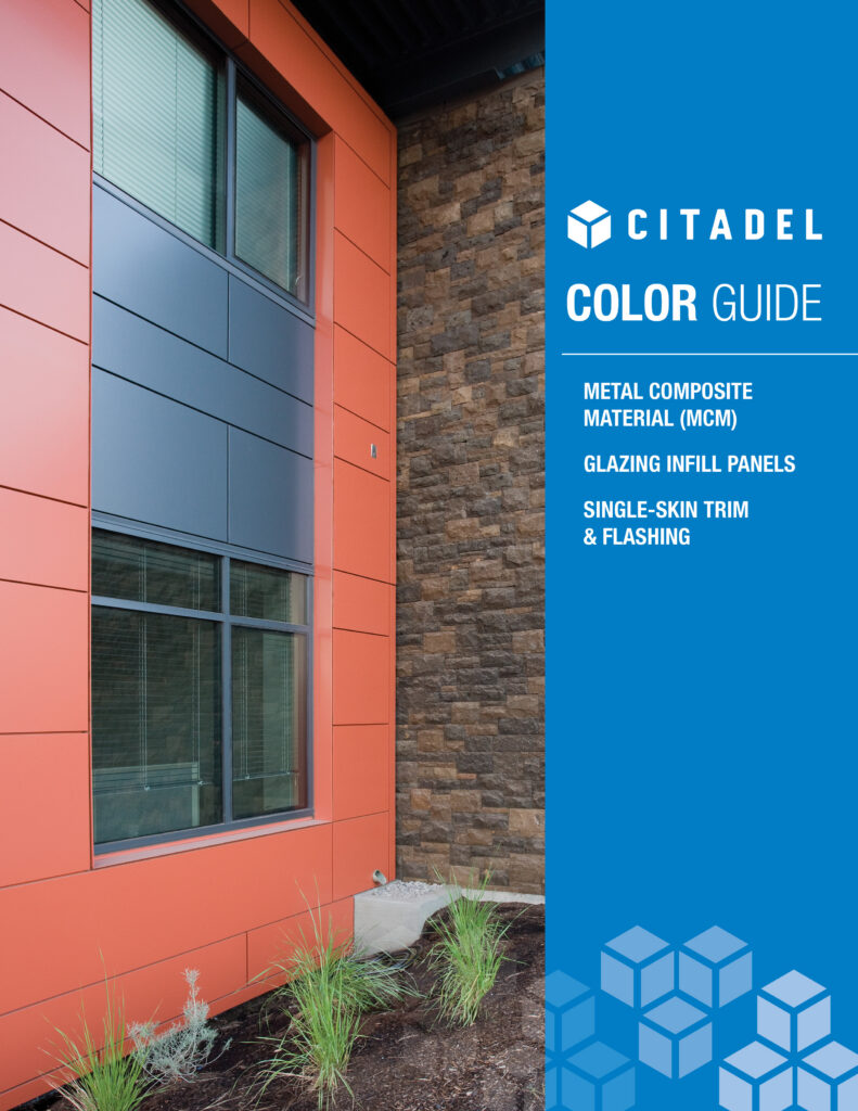 A modern building exterior featuring orange metal panels and brown stone siding, with large windows. Blue sidebar text reads Citadel Color Guide and lists products like MCM, glazing infill panels, and trim/flashing.